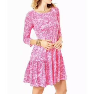 Lilly Pulitzer Dress Geanna Womens Large Pink Floral Tiered Cotton Boho Casual